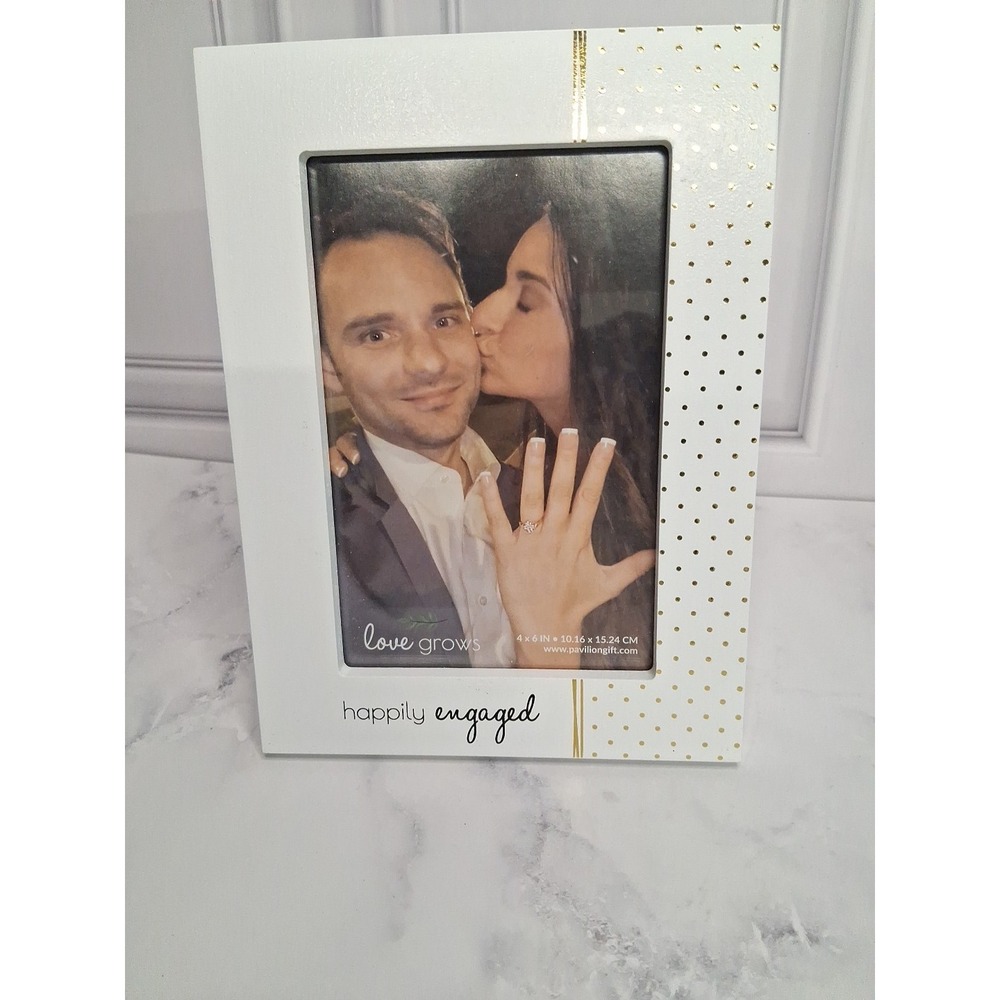 'Happily Engaged' Picture Photo Frame 4x6 White w/Gold Modern Design NEW